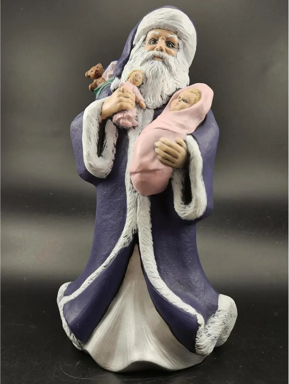 Ceramic Santa Figurine Purple Robe with Baby Christmas Decor Hand Painted 8.5 H.